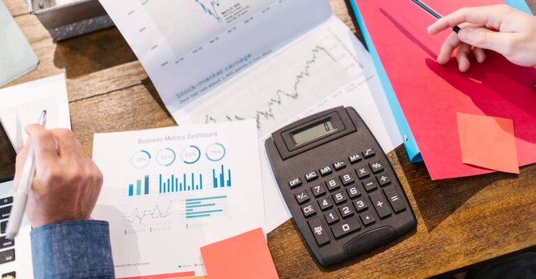 Financial analysis and planning tools with graphs and calculator on a table.