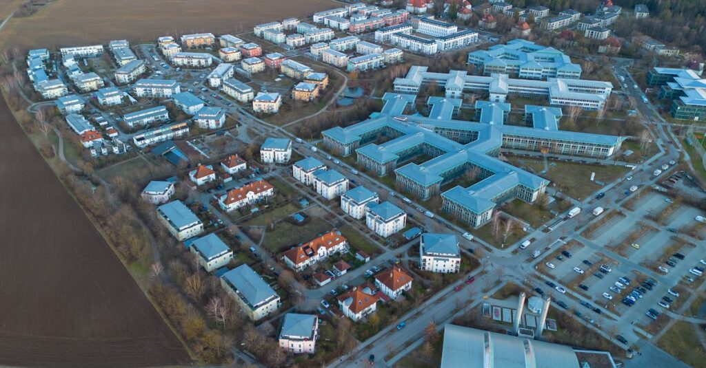 Aerial shot of contemporary urban area in Munich, showcasing architecture and layout.