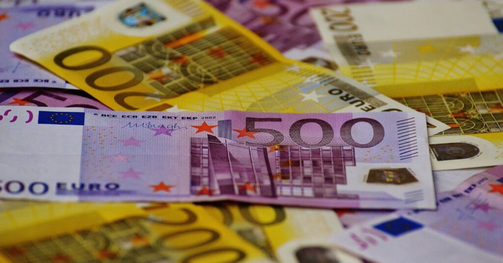 A close-up image of several Euro banknotes arranged in a scattered manner.