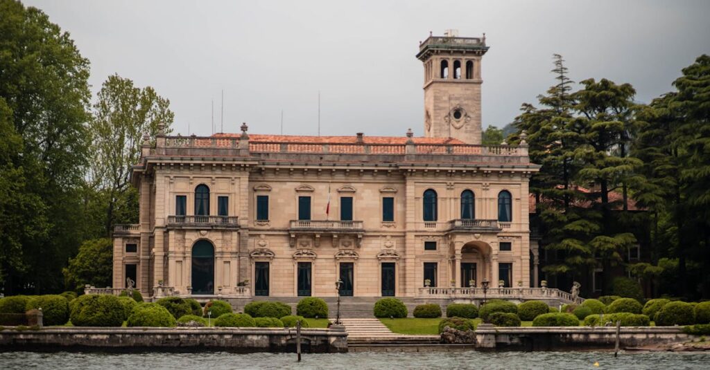 Stunning view of classical Villa Erba, a landmark on Lake Como, Italy.